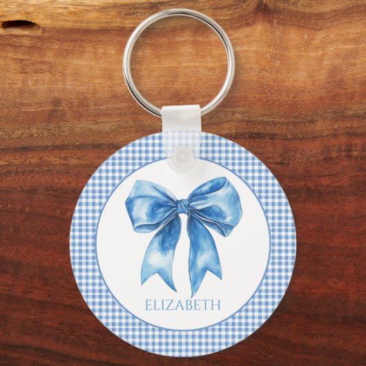 Preppy blauw en wit gingham en boog sleutelhanger (Voorkant)