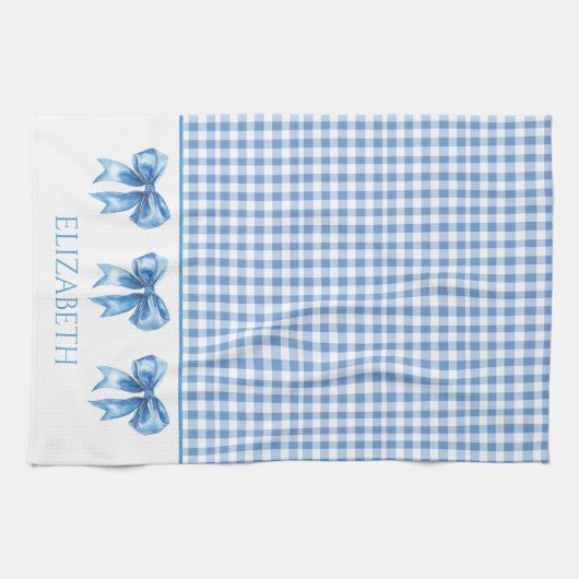 Preppy blauw en wit gingham en boog theedoek (Horizontaal)