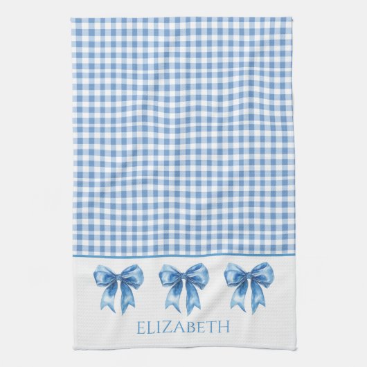 Preppy blauw en wit gingham en boog theedoek (Verticaal)