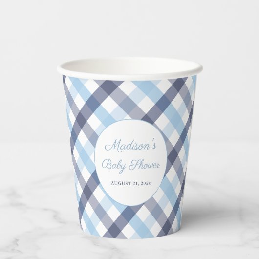 Preppy Blauw en Wit Plaid Baby shower Party Papieren Bekers (Achterkant)