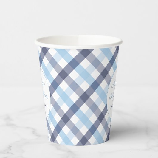 Preppy Blauw en Wit Plaid Baby shower Party Papieren Bekers (Links)