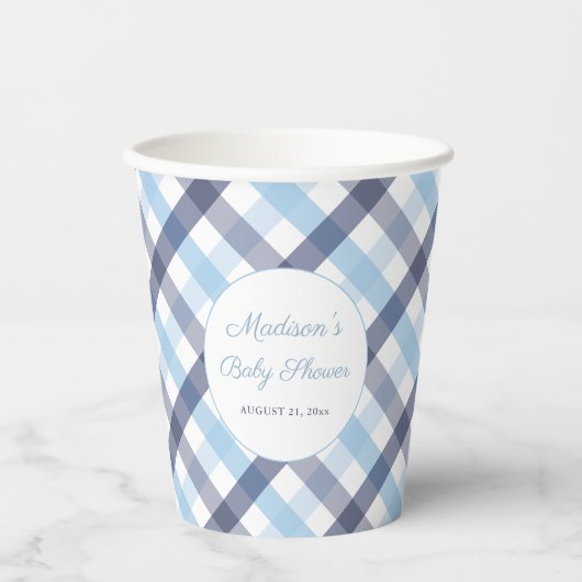Preppy Blauw en Wit Plaid Baby shower Party Papieren Bekers (Voorkant)