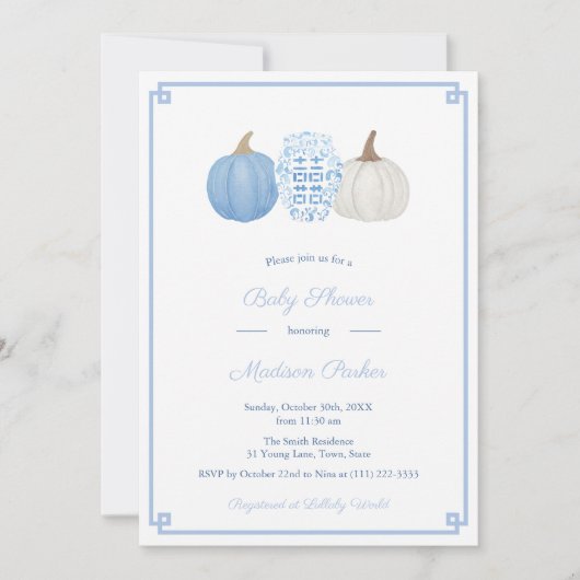 Preppy blauw en wit pompoen herfst Baby shower Kaart (Voorkant)