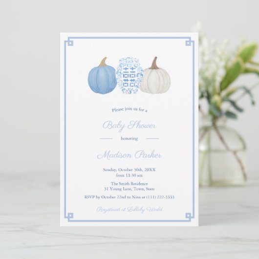 Preppy blauw en wit pompoen herfst Baby shower Kaart (Staand voorkant)
