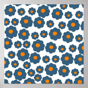 Preppy Blauw Oranje Hippie Bloem Patroon Poster