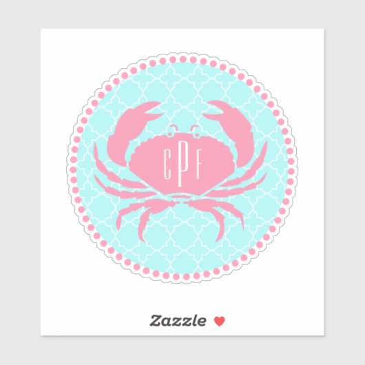 Preppy Blauw Roze Monogram Quatrefoil Krab Sticker (Vel)