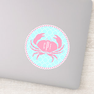 Preppy Blauw Roze Monogram Quatrefoil Krab Sticker
