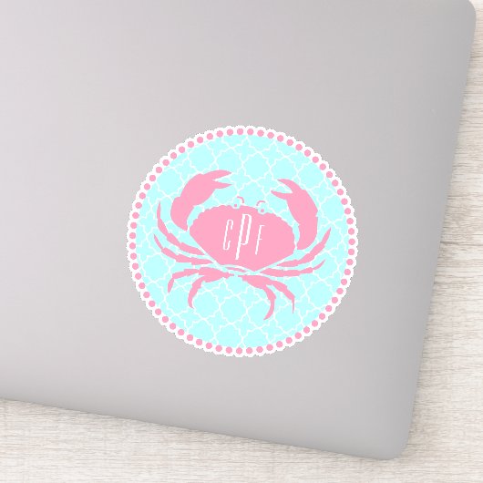 Preppy Blauw Roze Monogram Quatrefoil Krab Sticker (Detail)