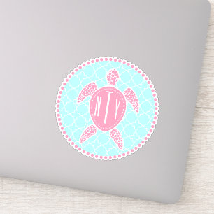 Preppy Blauw Roze Monogram Quatrefoil Zee Schildpa Sticker
