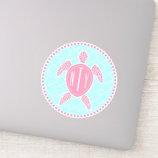 Preppy Blauw Roze Monogram Quatrefoil Zee Schildpa Sticker (Detail)