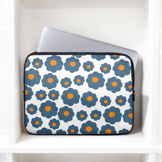 Preppy Blauw Sinaasappel Hippie Flower Pattern Lap Laptop Sleeve (Creator heeft geüpload)