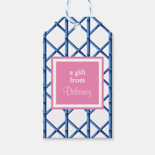 Preppy Blauw Trellis Bamboe Patroon Aangepast Cadeaulabel (Voorkant)