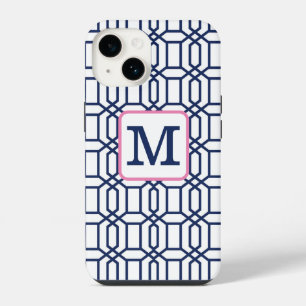 Preppy Blauwe Achthoekig Patroon / Marineblauw Mon iPhone 14 Hoesje