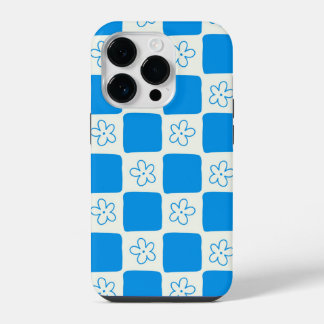 Preppy Blauwe Bloem Geruite Patroon iPhone 14 Plus Hoesje