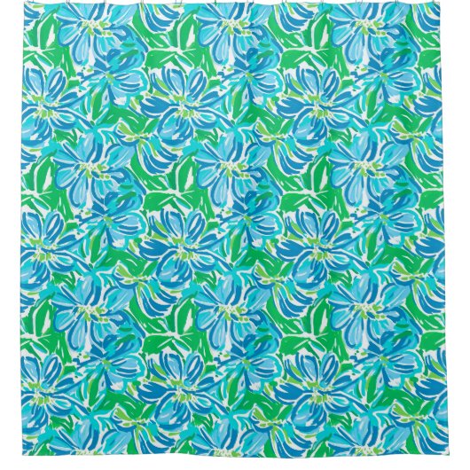 Preppy Blauwe Bloemen Douchegordijn (Voorkant)