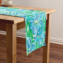 Preppy Blauwe Bloemen Korte Tafelloper