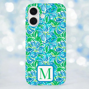 Preppy Blauwe Bloemen Monogram iPhone 16 Hoesje