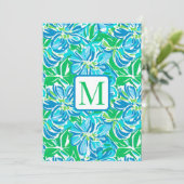 Preppy Blauwe Bloemen Monogram Kaart (Staand voorkant)