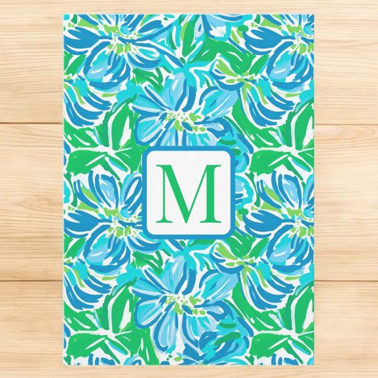 Preppy Blauwe Bloemen Monogram Kaart