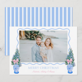 Preppy blauwe chinoiserie kerstboom gingerpotten feestdagenkaart