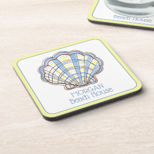 Preppy Blauwe en Gele Geruite Scallop Schelp Bier Onderzetter