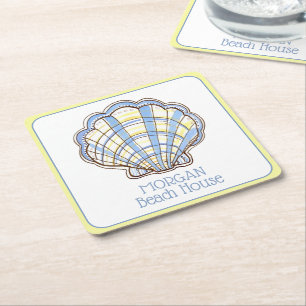Preppy Blauwe en Gele Geruite Scallop Zeeschelp Kartonnen Onderzetters