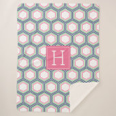 Preppy Blauwe en Groene Honingraat Print Monogramm Sherpa Deken (Voorkant)