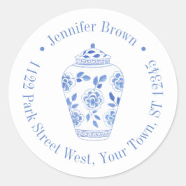 Preppy Blauwe en Witte Ginger Pot Retouradres Ronde Sticker