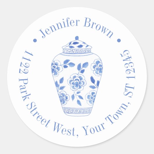 Preppy Blauwe en Witte Ginger Pot Retouradres Ronde Sticker (Voorkant)