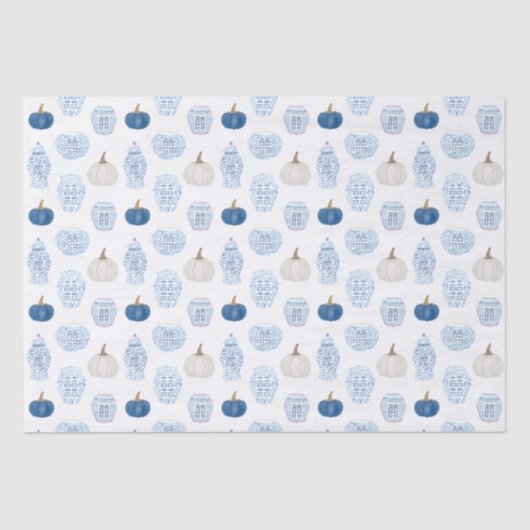 Preppy Blauwe en Witte Pompoenen Ginger Jars Herfs Tissuepapier (Voorkant)