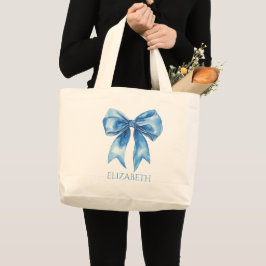 Preppy Blauwe en Witte Strik Gepersonaliseerd Grote Tote Bag