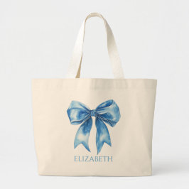 Preppy Blauwe en Witte Strik Gepersonaliseerd Grote Tote Bag