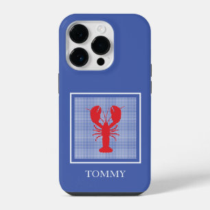 Preppy Blauwe Gingham Red Lobster Naam Kust iPhone 14 Plus Hoesje