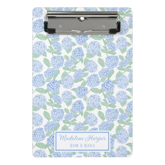 Preppy Blauwe & Groene Hortensia Monogram Mini Klembord (Voorkant)