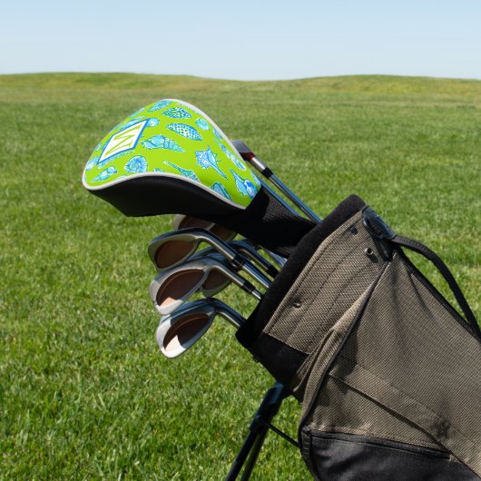 Preppy blauwe kustschelpen limoenmonogram golfheadcover (Insitu)