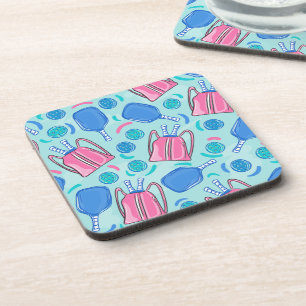 Preppy Blauwe Pickleball Paddle & Bal Patroon Bier Onderzetter
