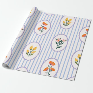 Preppy Blauwe Streep Bloem Camee Volkskunst Cadeaupapier