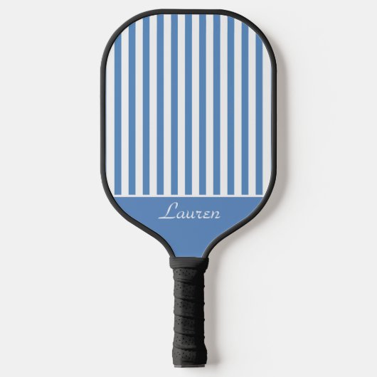 Preppy Blauwe Strepen met Naam Pickleball Paddle (Voorkant)