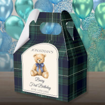 Preppy blauwe strik teddybeer tartan verjaardag