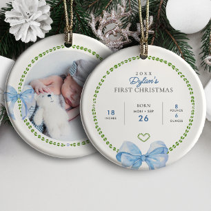 Preppy Blauwe Strikken Baby's Eerste Kerst Foto Keramisch Ornament