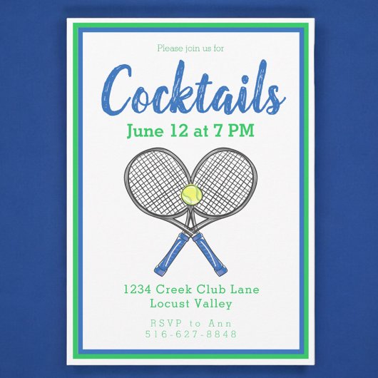 Preppy Blauwe Tennisrackets Cocktailparty Kaart