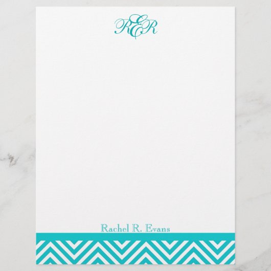 Preppy Blauwgroen Chevron Monogram Letterhead (Voorkant)