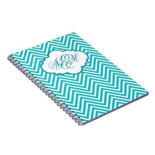 Preppy Blauwgroen Chevron Script Monogram Notitieb Notitieboek (Rechterzijde)