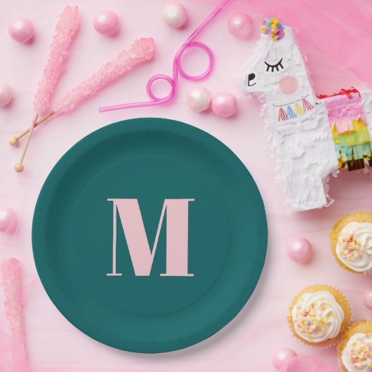 Preppy Blauwgroen Roze Modern Vrouwelijk Monogramm Papieren Bordje (Feest)