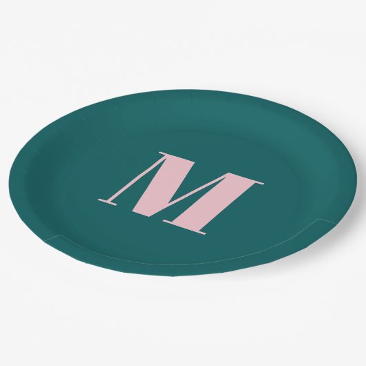 Preppy Blauwgroen Roze Modern Vrouwelijk Monogramm Papieren Bordje (Gekanteld)