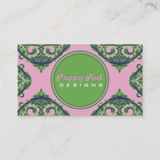 Preppy Bleek Roze, Groen & Blauw Damask Visitekaartje (Voorkant)