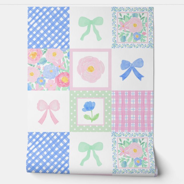 Preppy bloemengrootduizendjarige blokbogen gingham behang (Afrollen)