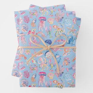 Preppy Bloemige Oceaan Zeedieren Inpakpapier Vel