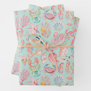 Preppy Bloemige Oceaan Zeedieren Inpakpapier Vel
