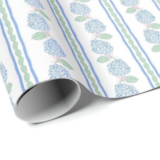 Preppy Blue and Green Hydrangea Stripe Cadeaupapier (Rol Hoek)